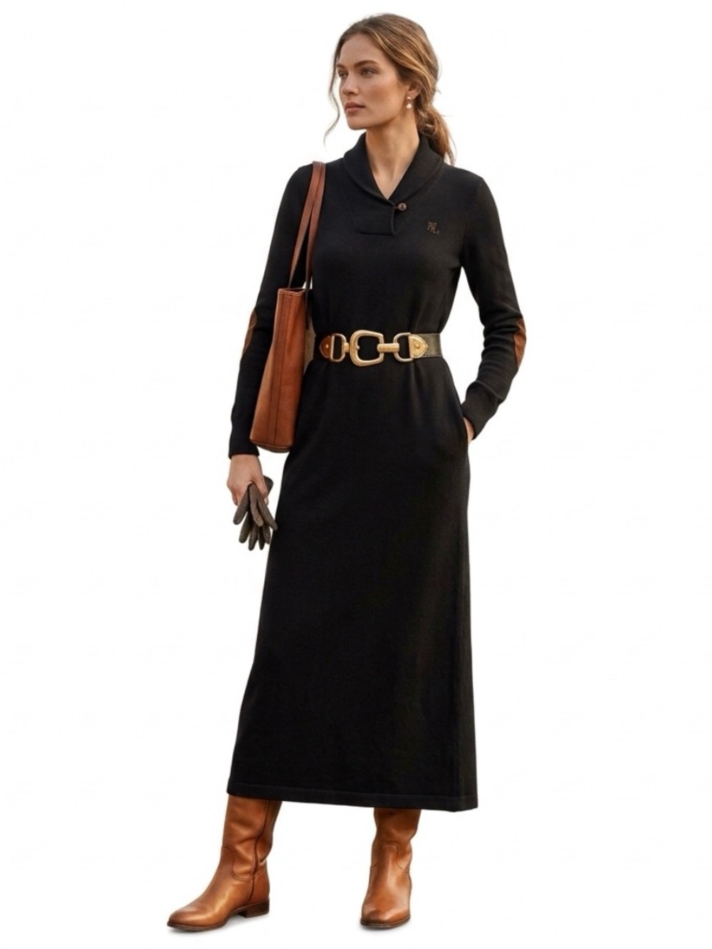 Ralph Lauren Black Maxi Shawl Knit Dress Suede Elbow Patch Medium Minimalist